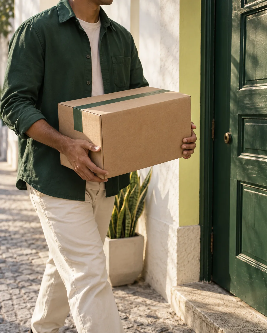 Pessoa com camisa verde segurando uma encomenda em uma entrada iluminada.