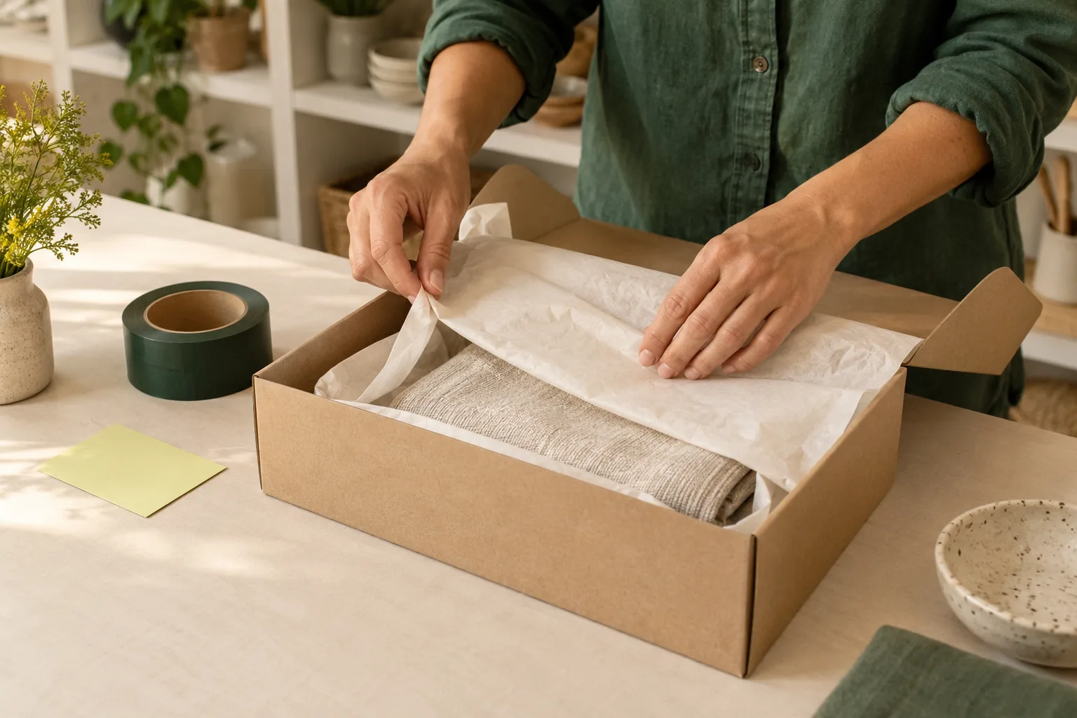 Mãos organizando um produto dentro de uma caixa de envio sobre uma mesa clara.